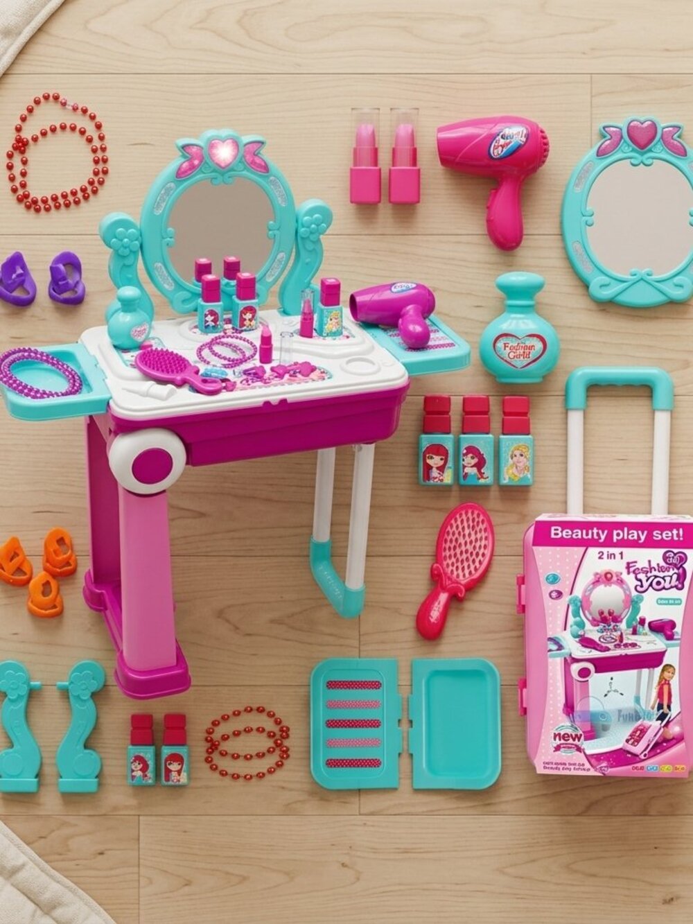 Kids Vanity Makeup Table Pretend Play Set, Princess Beauty Salon Toy with Mirror - Picture 4 of 10